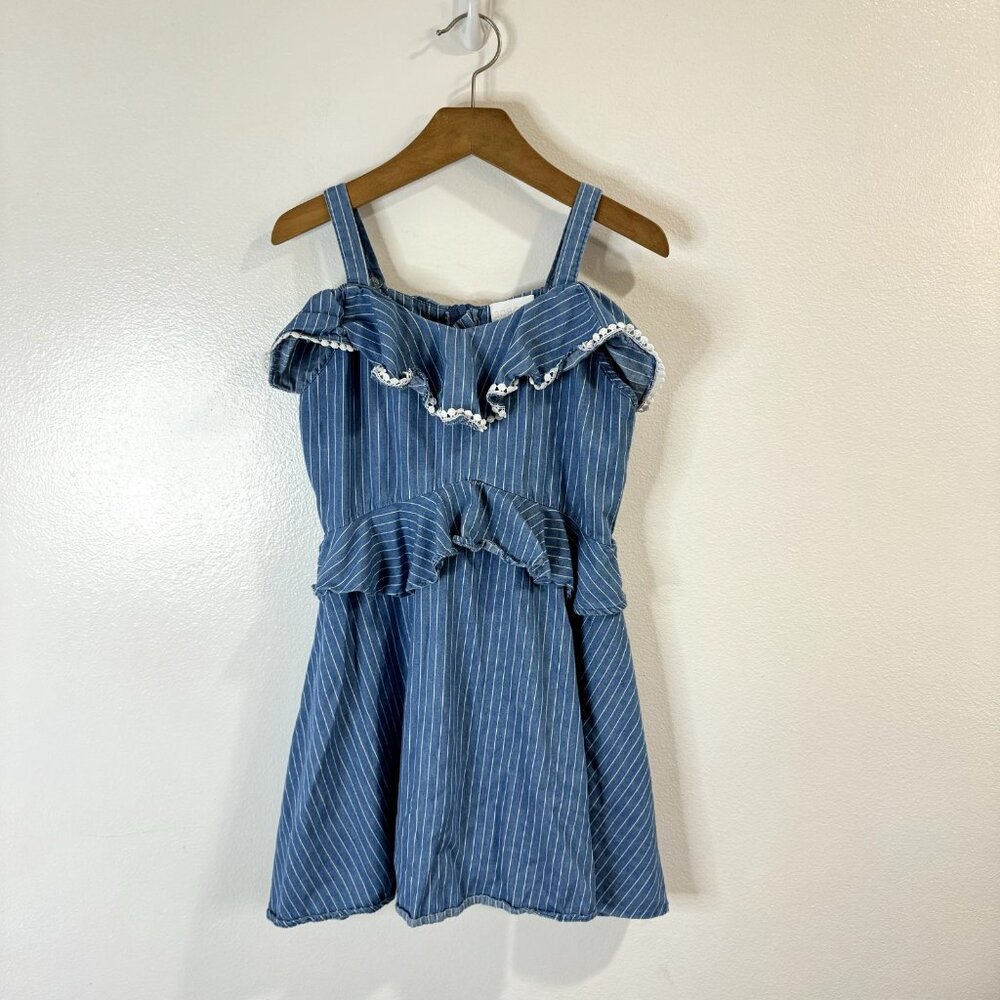 BCBGirls Dress Size M 10/12 Chambray Cold Shoulder Striped Ruffle Blue White